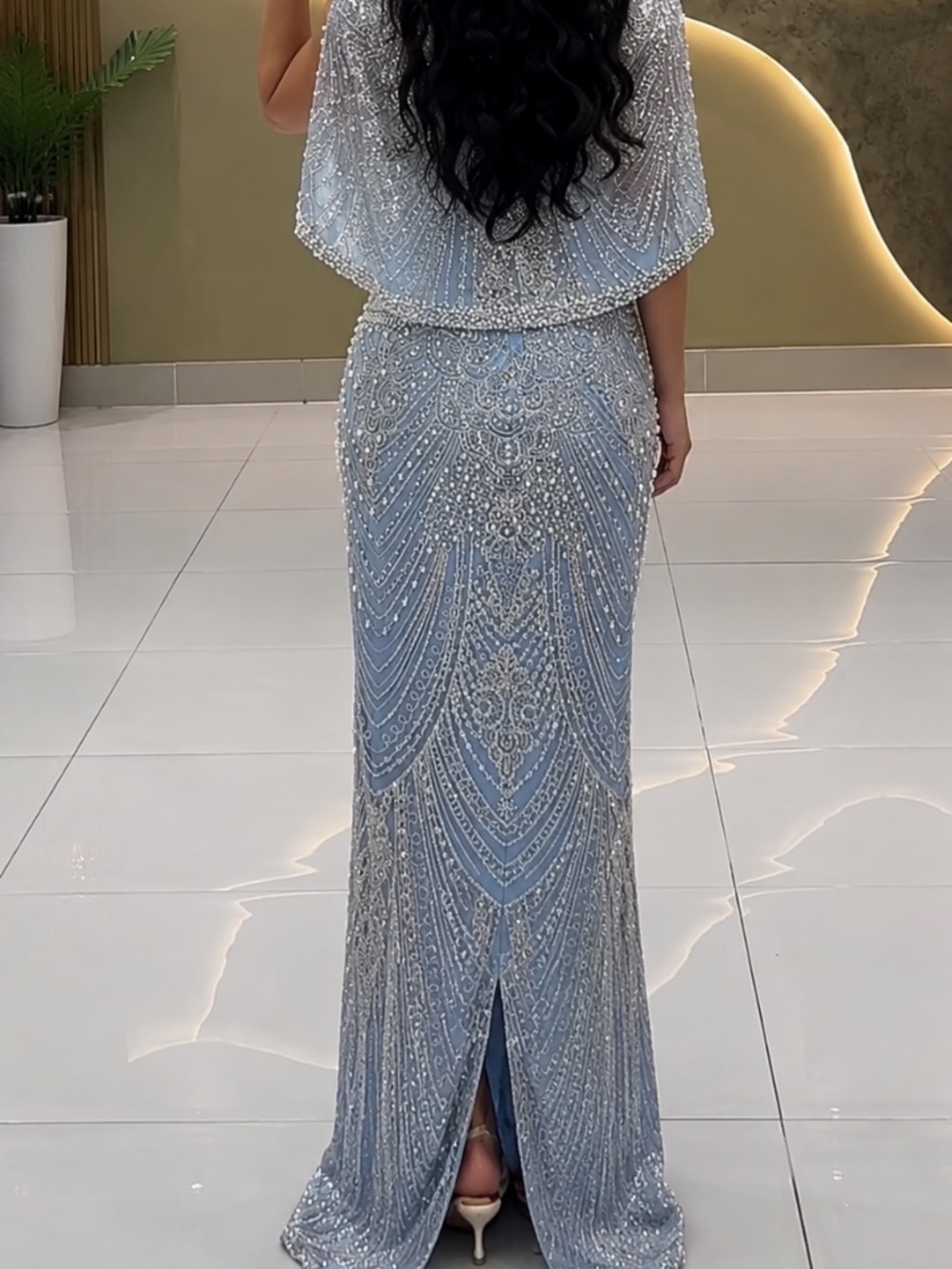 Silver Beaded Prom Blue Gown with Draped Cape - Picture 3 of 3